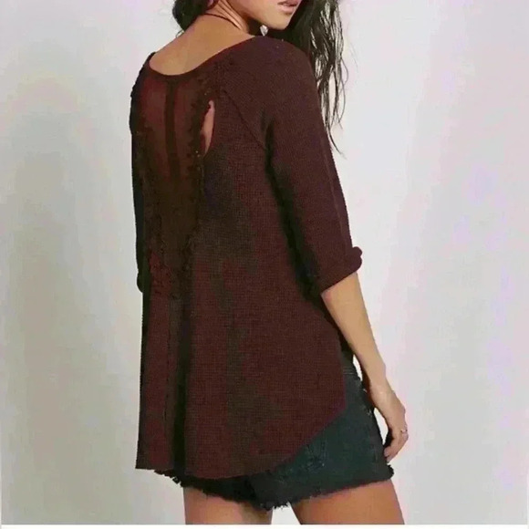 Anthropologie Women Free People Maroon Lace Hi Lo Waffle Thermal Top Medium GUC - Picture 1 of 15